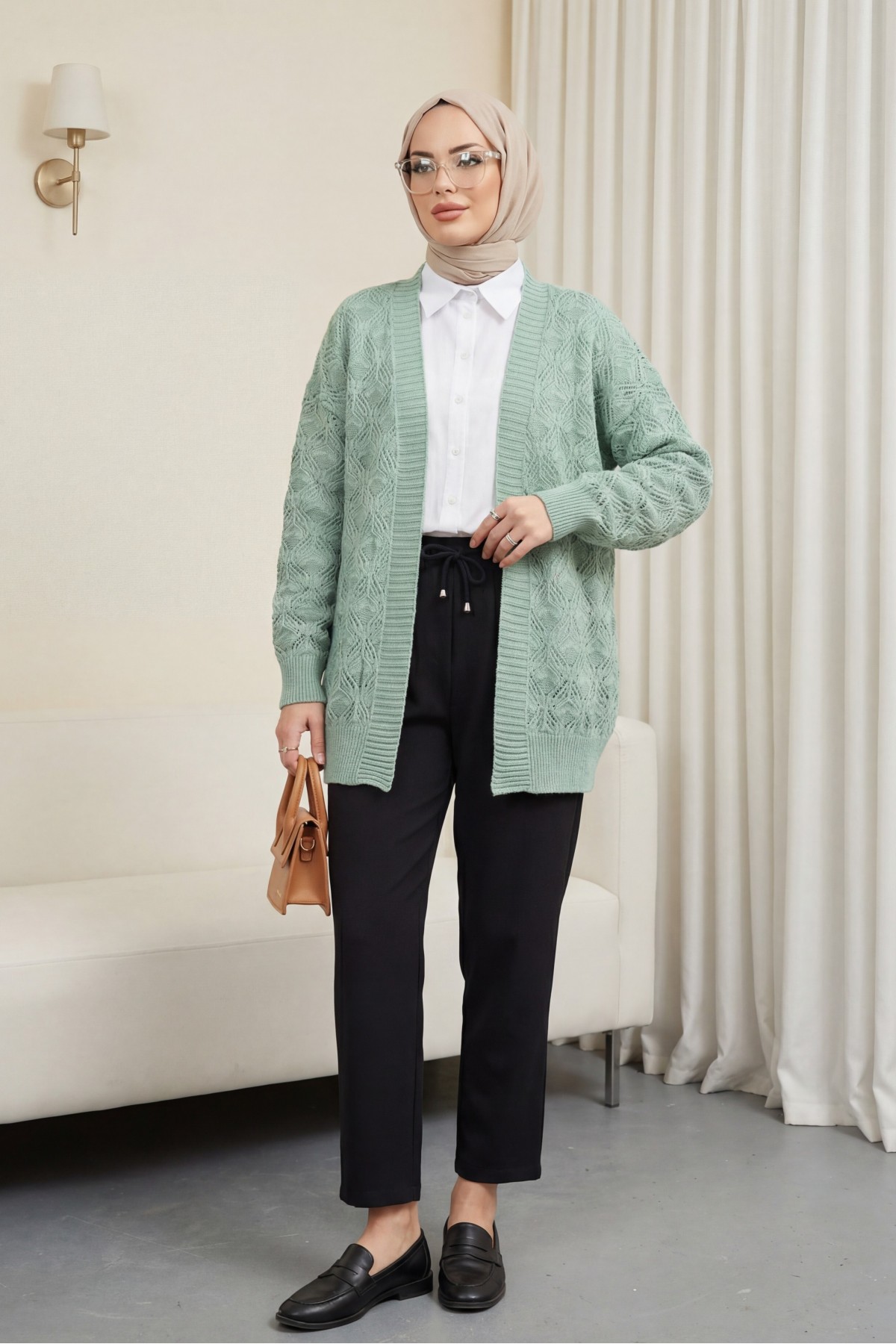 Desenli Araboy Örme Triko Hırka  -Mint