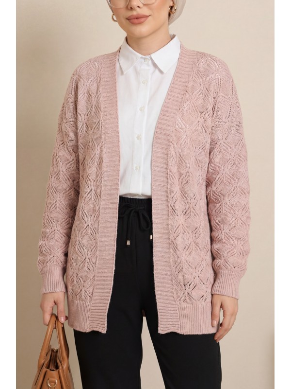 Desenli Araboy Örme Triko Hırka  -Pudra