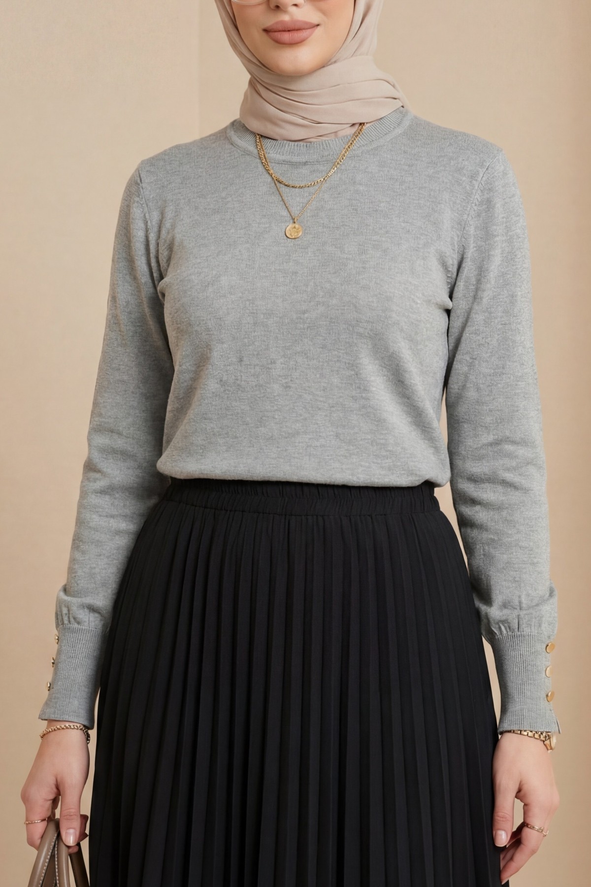 Yuvarlak Yaka Kolu Düğme Detaylı Triko Tunik  -Açık Gri