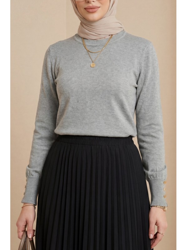 Yuvarlak Yaka Kolu Düğme Detaylı Triko Tunik  -Açık Gri