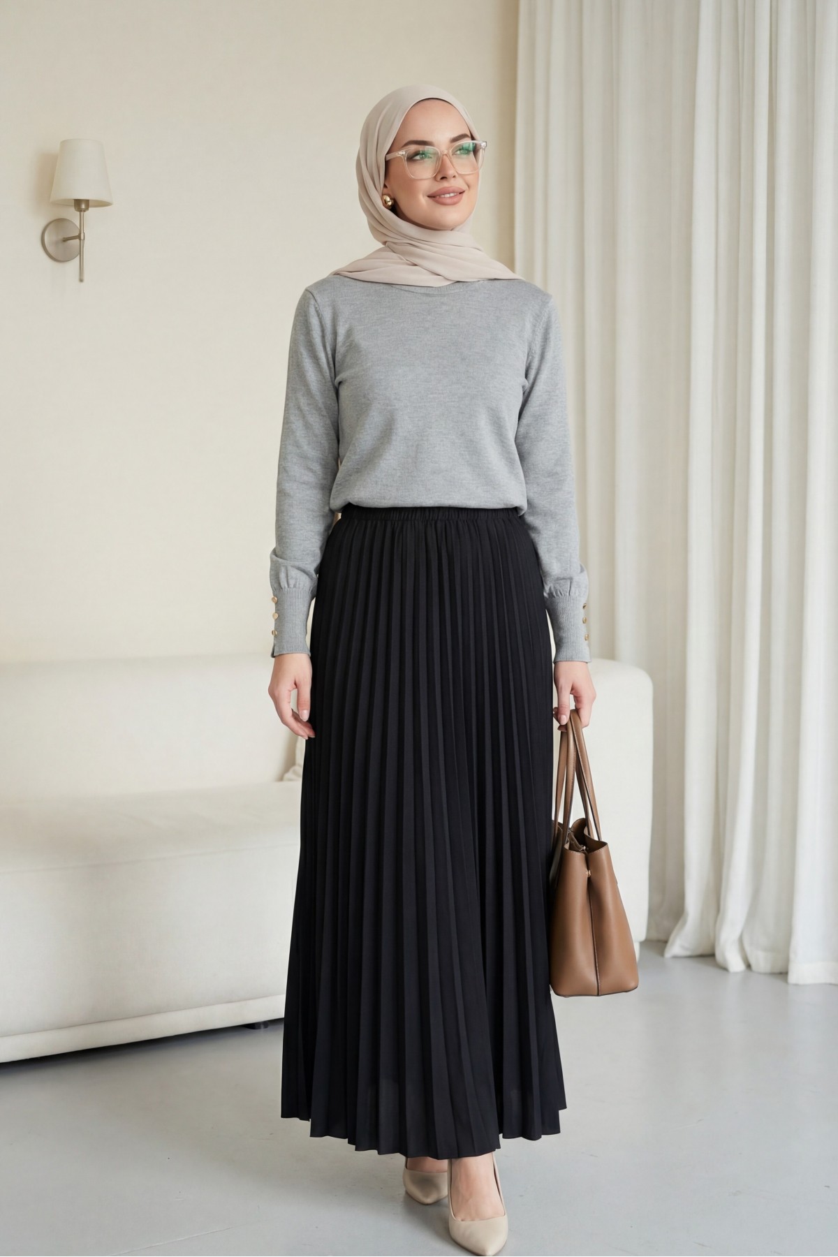 Yuvarlak Yaka Kolu Düğme Detaylı Triko Tunik  -Açık Gri