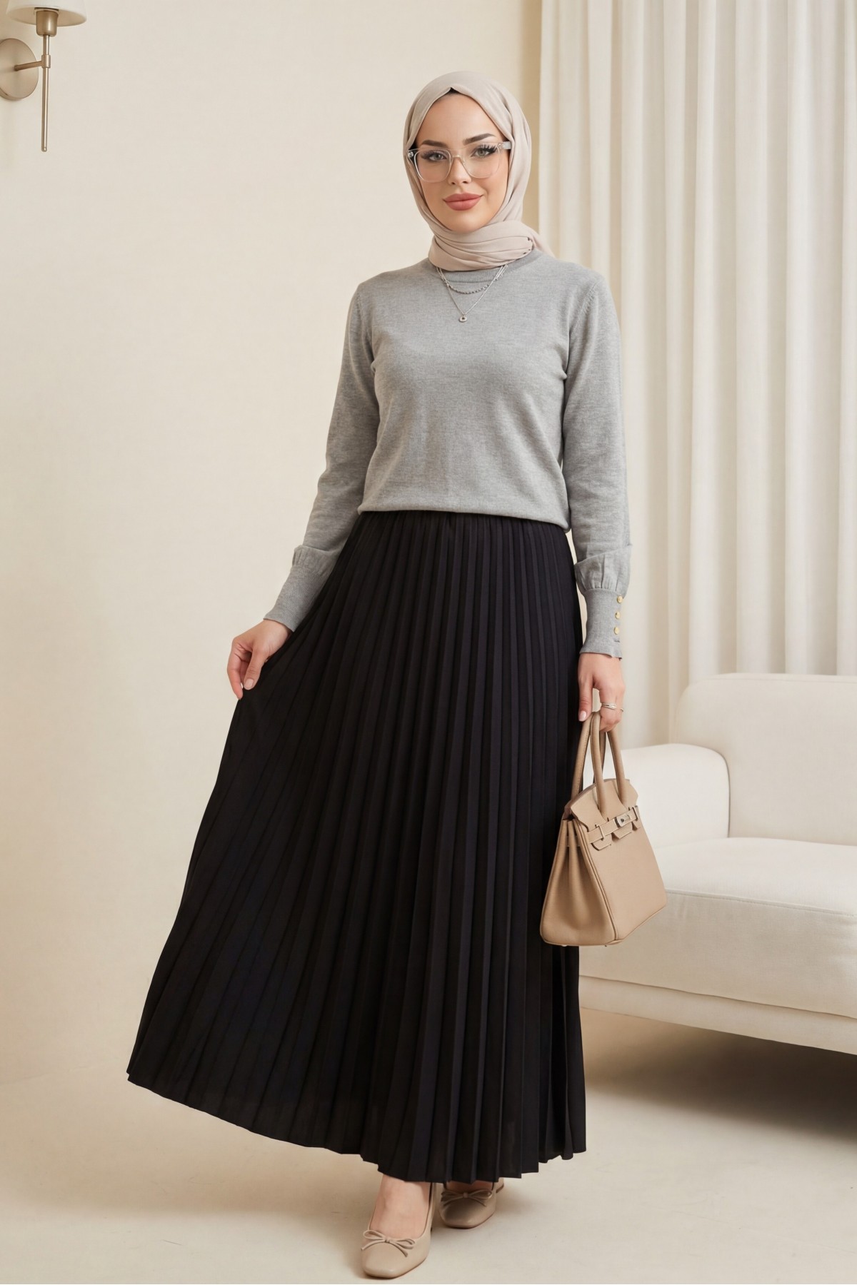 Yuvarlak Yaka Kolu Düğme Detaylı Triko Tunik  -Açık Gri