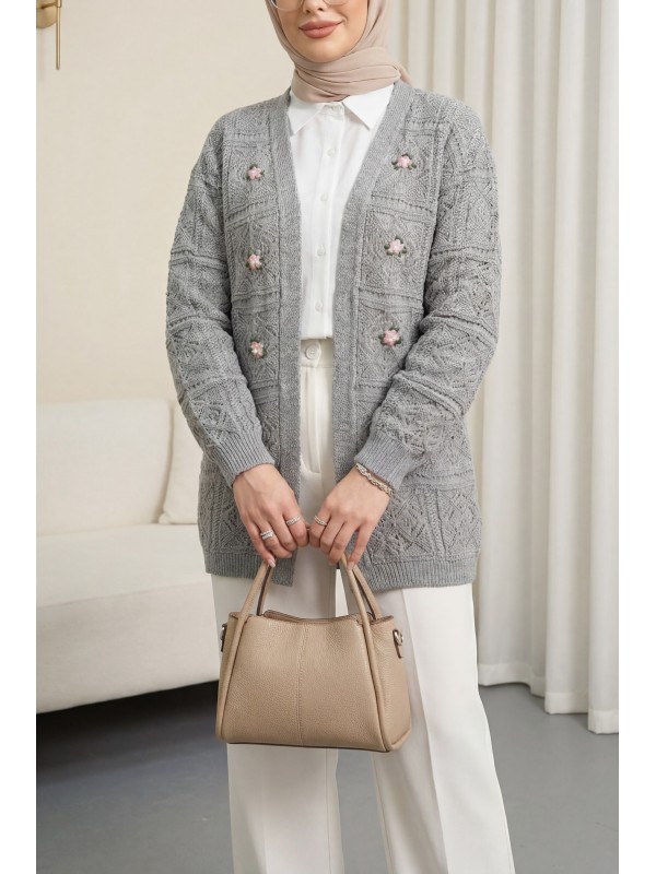 Ajurlu Nakışlı Hırka    -Gri