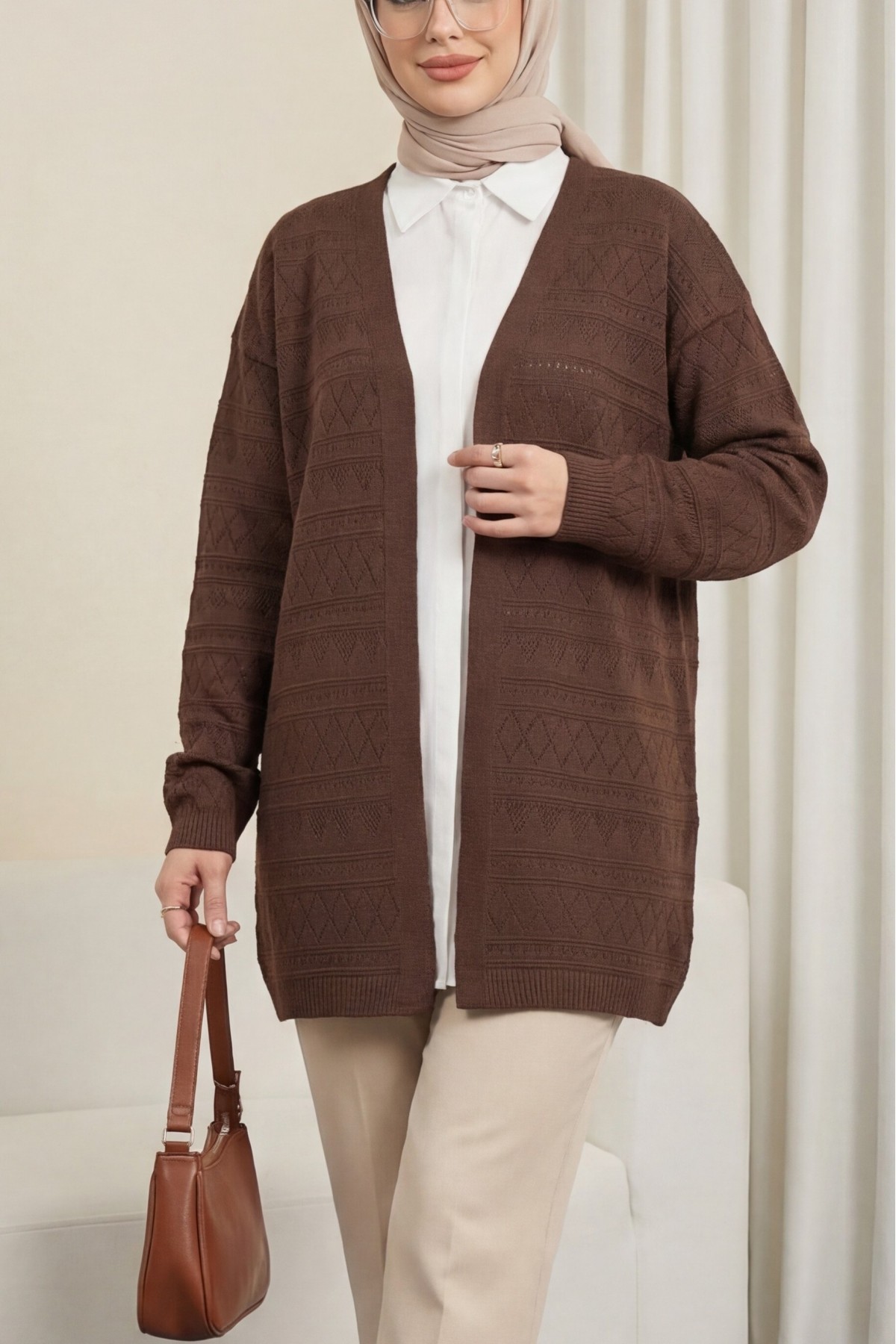 Karışık Desenli Ajurlu Triko Hırka   -Kahve