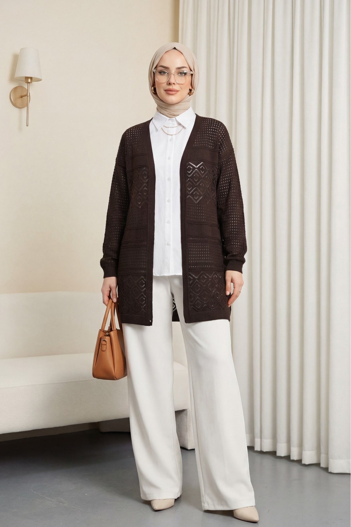 Ajurlu Mevsimlik Triko Hırka      -K. Kahve