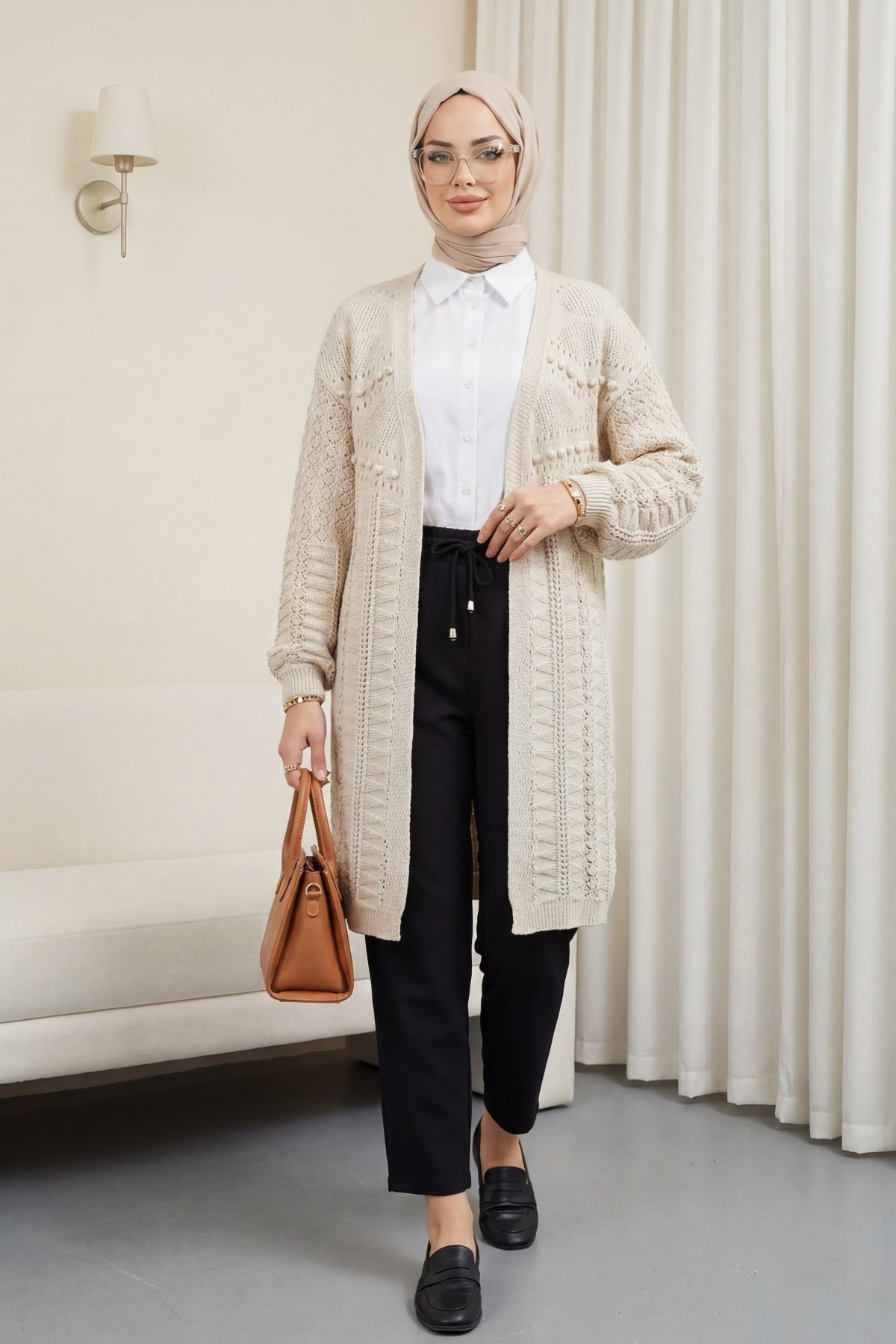 Ponponlu Karışık Desen Araboy Triko Hırka -Taş