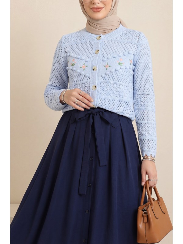 Önü Çiçek Nakışlı Ponponlu Düğmeli Triko Hırka -Bebe Mavi