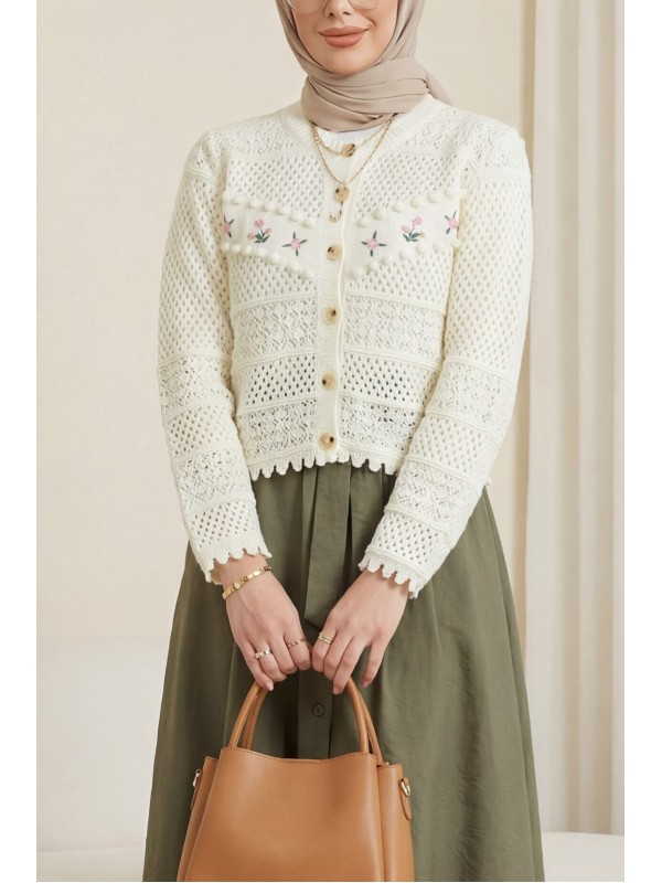Önü Çiçek Nakışlı Ponponlu Düğmeli Triko Hırka -Ekru