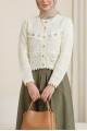 Önü Çiçek Nakışlı Ponponlu Düğmeli Triko Hırka -Ekru