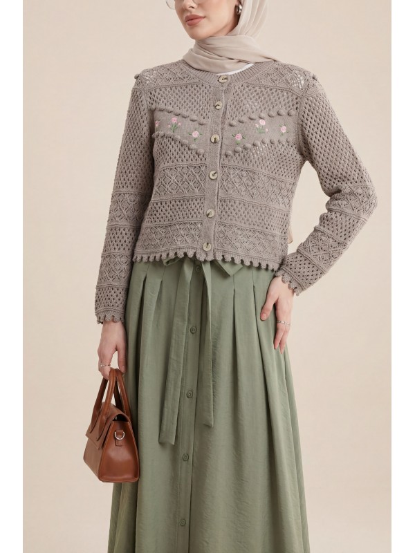 Önü Çiçek Nakışlı Ponponlu Düğmeli Triko Hırka -Toprak