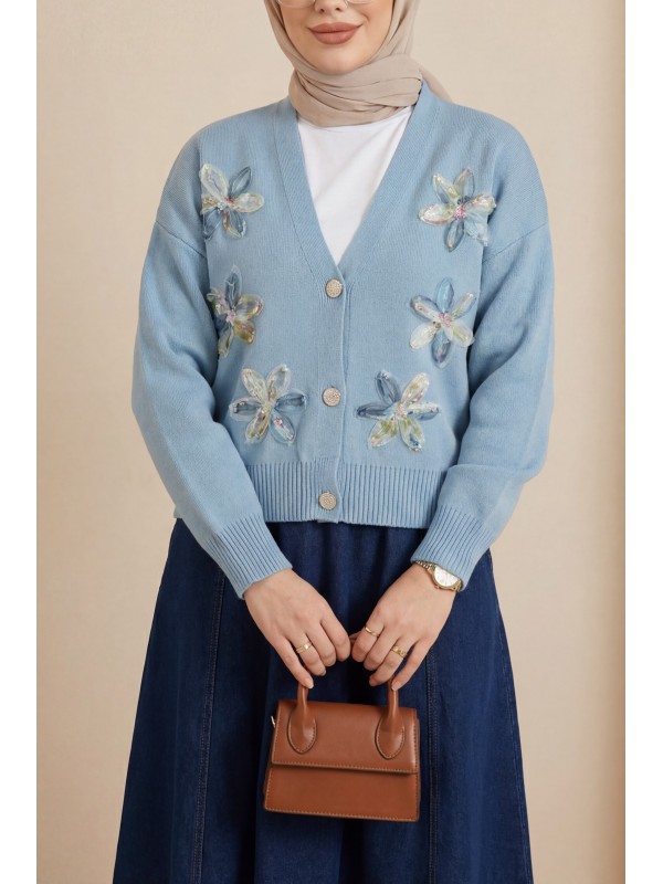 Önü Pul Ve Çiçek Detaylı Düğmeli Triko Hırka  -Mavi