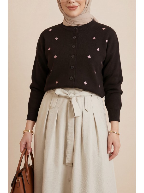 Serpme Çiçek Nakışlı Düğmeli Oversize Triko Hırka -K. Kahve