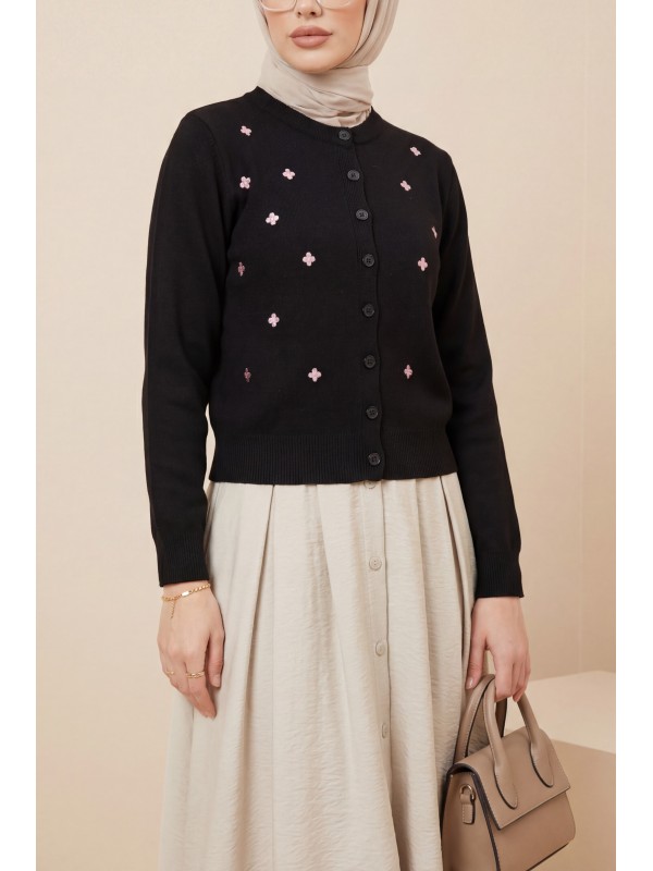 Serpme Çiçek Nakışlı Düğmeli Oversize Triko Hırka -Siyah