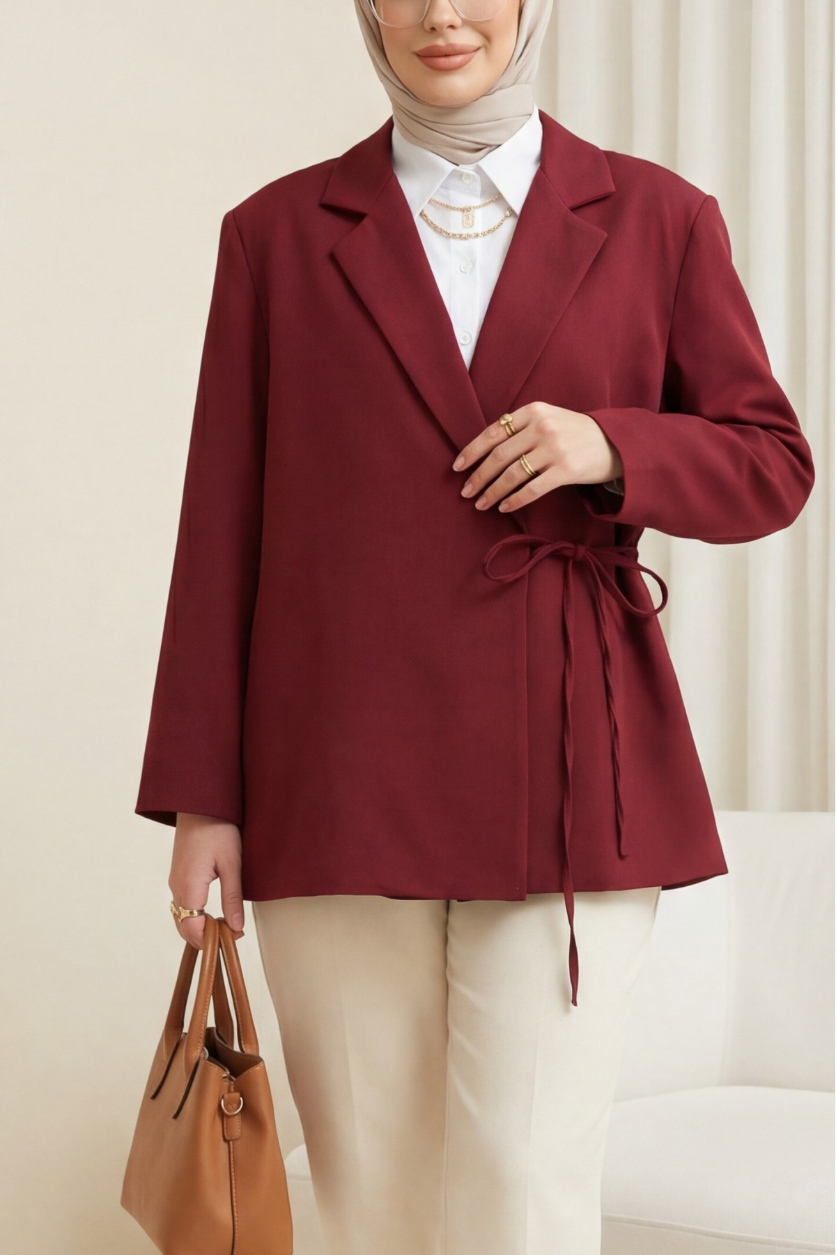 Yandan Bağcıklı Arkası Yırtmaçlı Astarlı Double Krep Ceket -Bordo