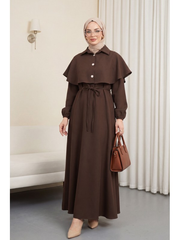 Yakalı Pelerin Detaylı Kemerli Kolu Lastikli Krep Elbise -Kahve