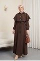 Yakalı Pelerin Detaylı Kemerli Kolu Lastikli Krep Elbise -Kahve