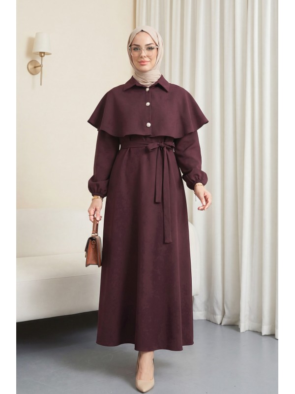 Yakalı Pelerin Detaylı Kemerli Kolu Lastikli Krep Elbise -Mürdüm