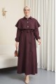 Yakalı Pelerin Detaylı Kemerli Kolu Lastikli Krep Elbise -Mürdüm
