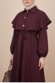 Yakalı Pelerin Detaylı Kemerli Kolu Lastikli Krep Elbise -Mürdüm