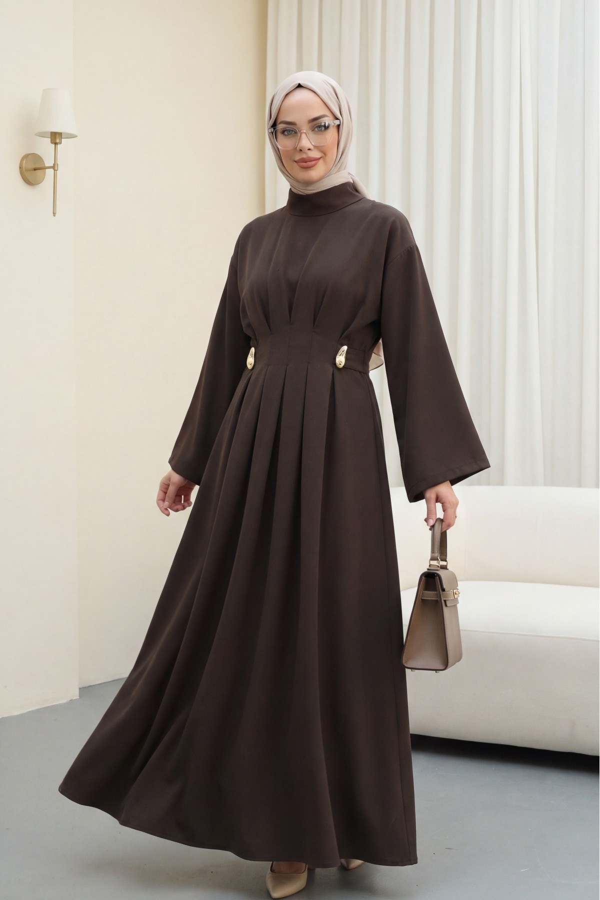 Pileli Beli Kemerli Toka Detaylı Modal Elbise  -Kamuflaj