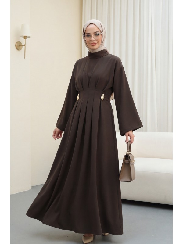 Pileli Beli Kemerli Toka Detaylı Modal Elbise  -Kamuflaj