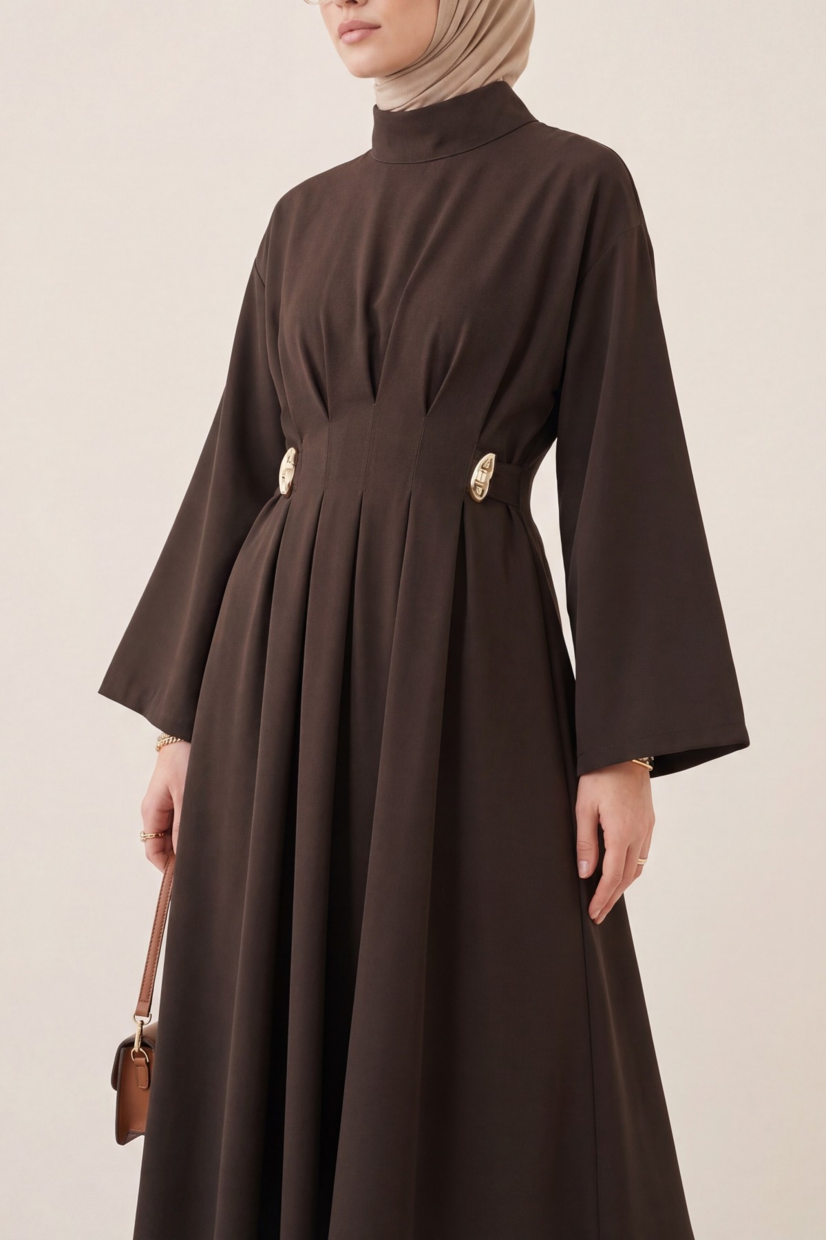 Pileli Beli Kemerli Toka Detaylı Modal Elbise  -Kamuflaj