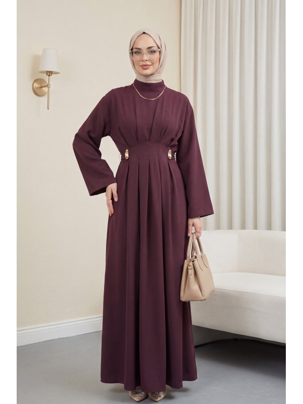 Pileli Beli Kemerli Toka Detaylı Modal Elbise  -Bordo