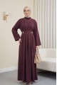 Pileli Beli Kemerli Toka Detaylı Modal Elbise  -Bordo