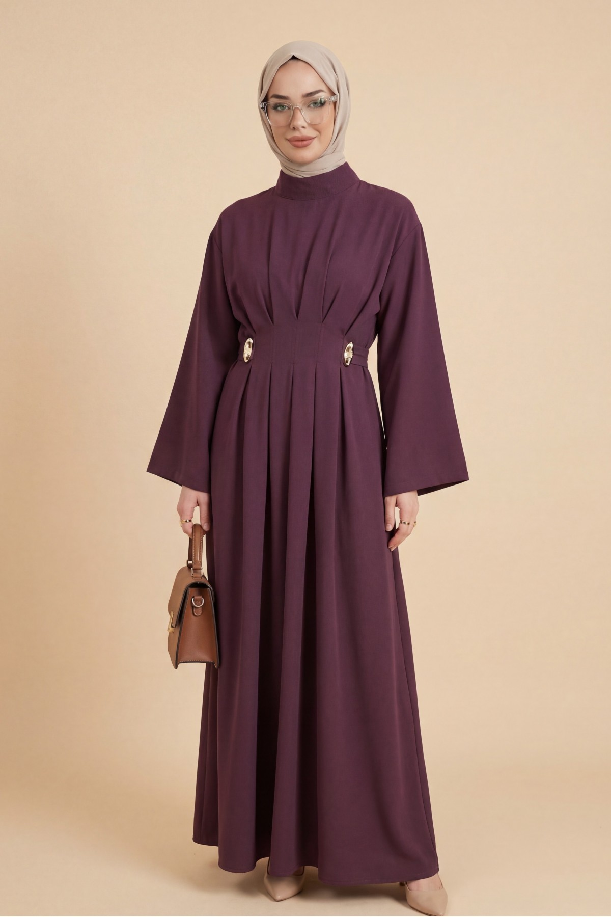 Pileli Beli Kemerli Toka Detaylı Modal Elbise  -Bordo