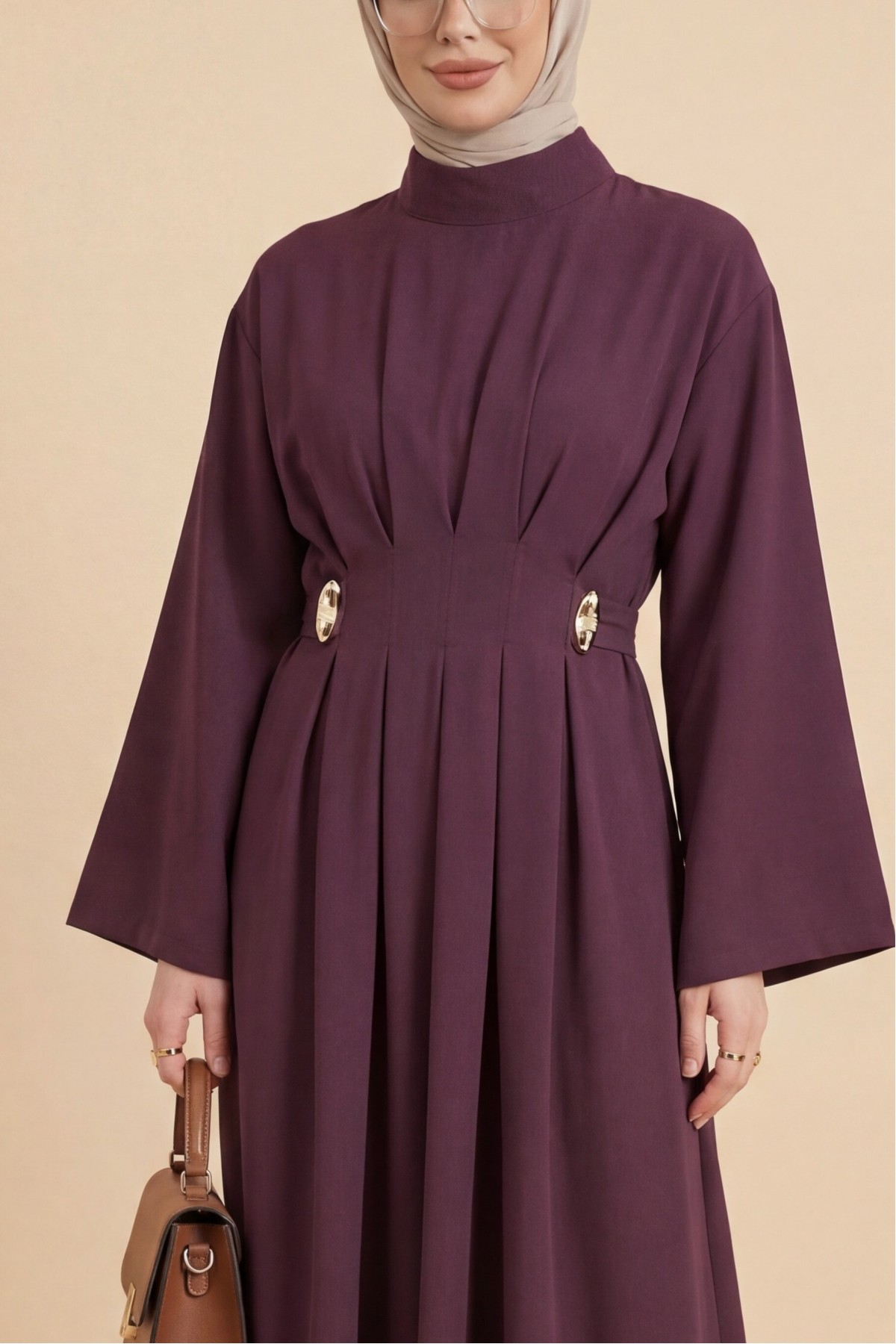 Pileli Beli Kemerli Toka Detaylı Modal Elbise  -Bordo