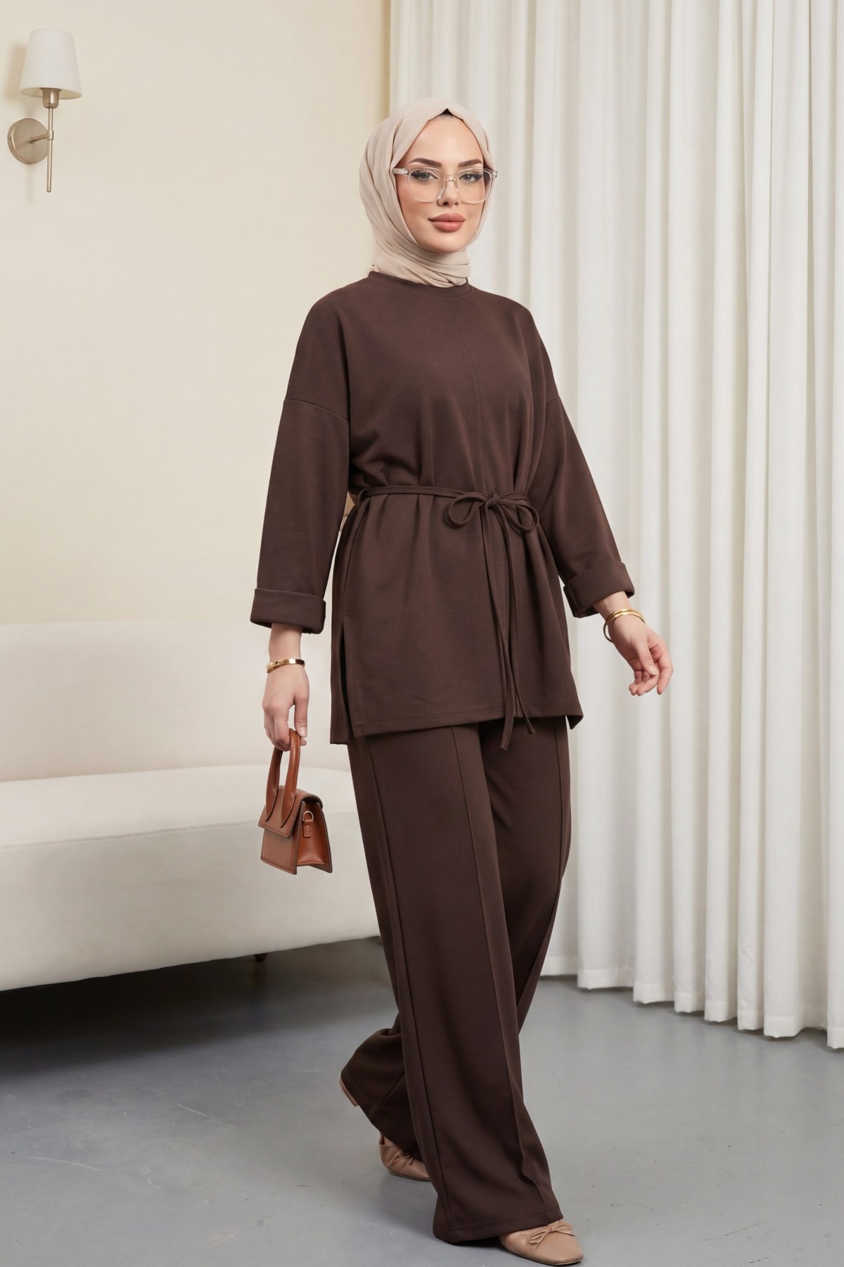 Yırtmaçlı Beli Bağcıklı Kolu Katlamalı Pantolonlu Oyşo Takım -K. Kahve