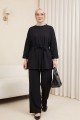 Yırtmaçlı Beli Bağcıklı Kolu Katlamalı Pantolonlu Oyşo Takım -Siyah