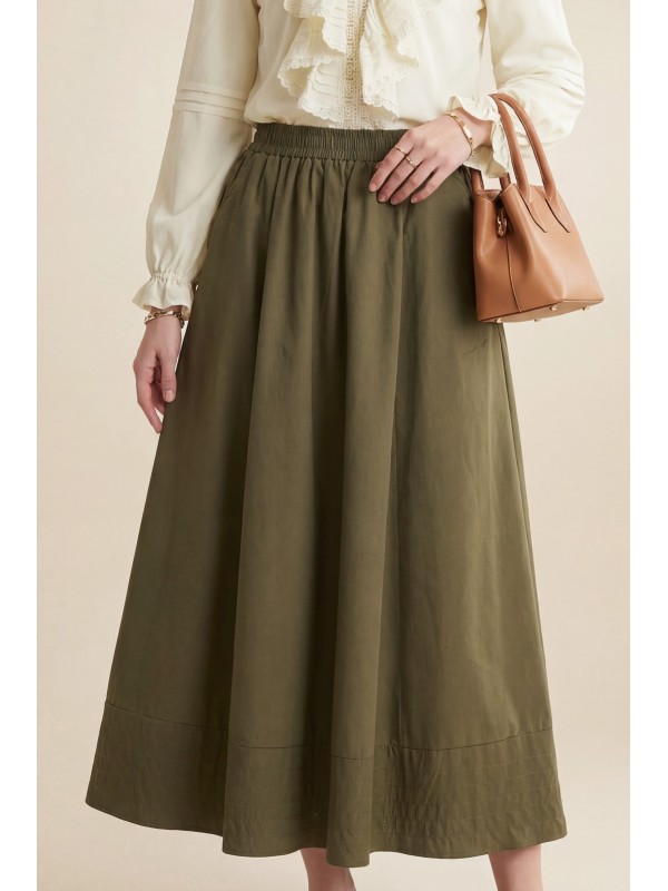 Beli Lastikli Cepli Dikiş Detaylı Etek    -Zeytin