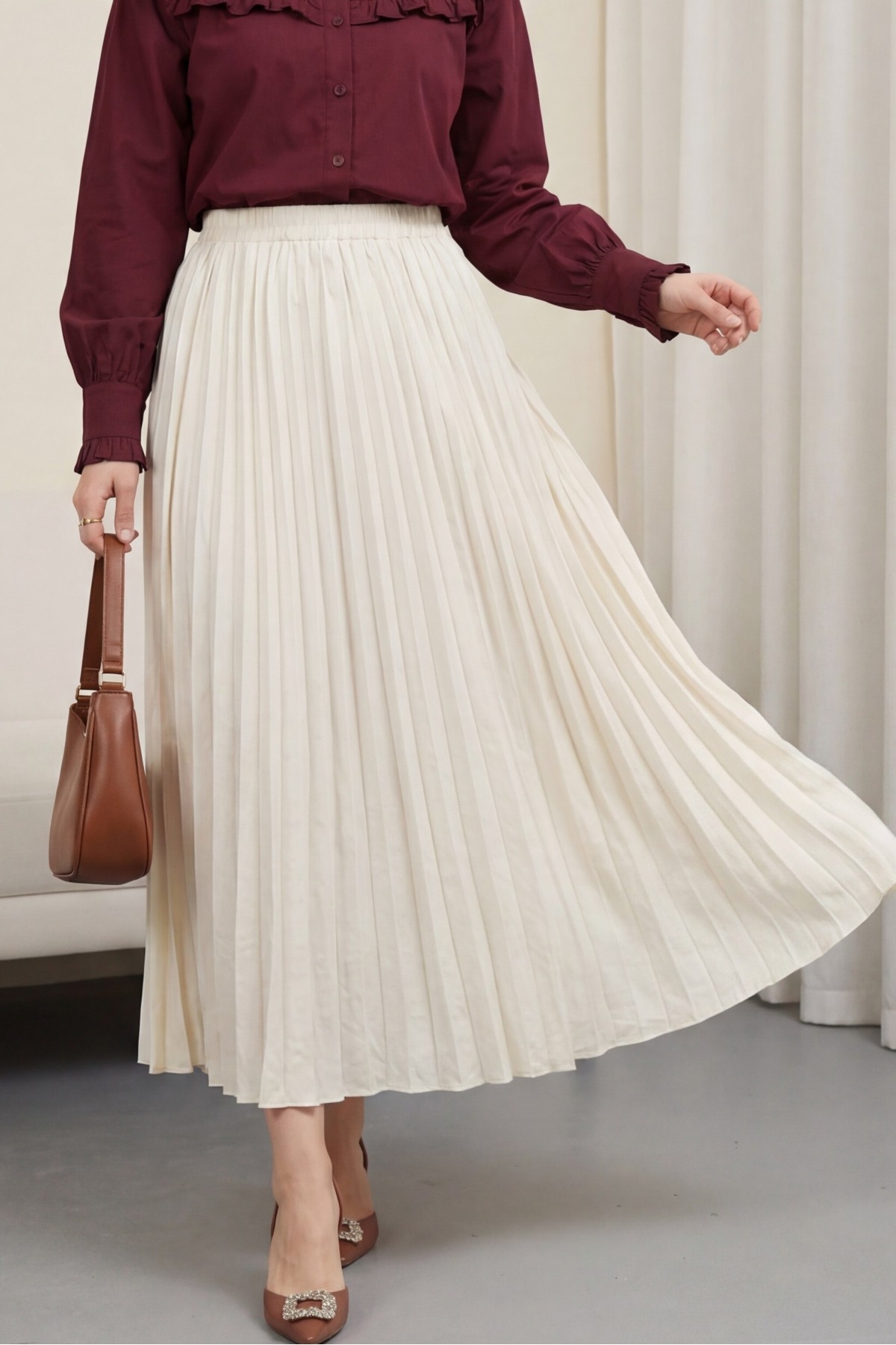 Beli Lastikli Kraş Etek  -Ekru