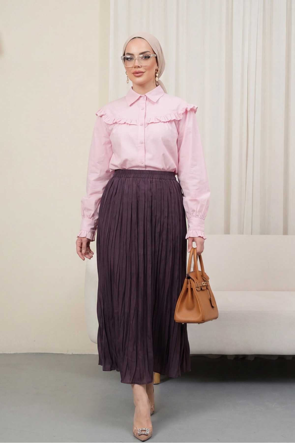 Beli Lastikli Kraş Etek  -Vişne