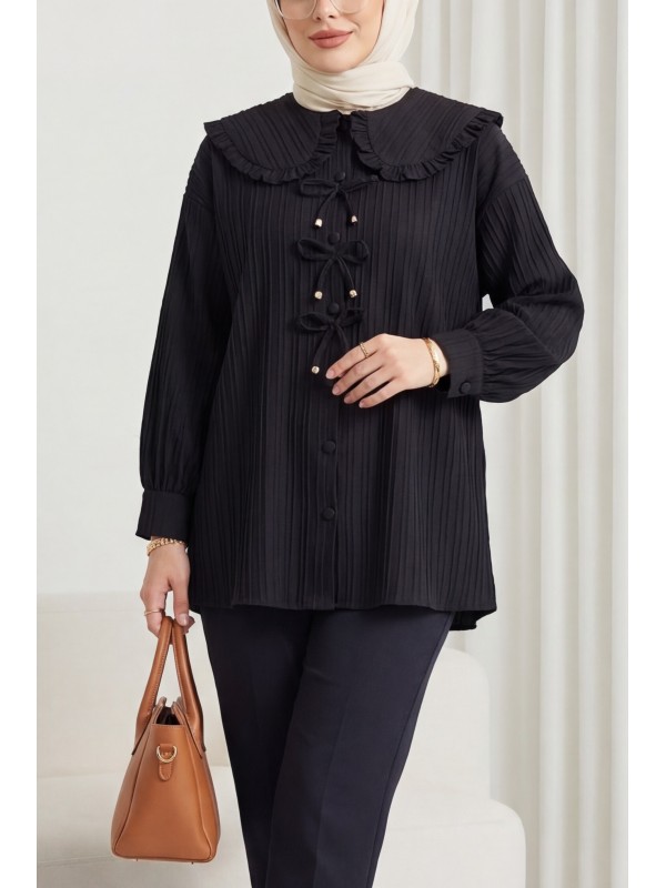 Önü Kurdele Detaylı Düğmeli Önlük Yaka Gömlek   -Siyah