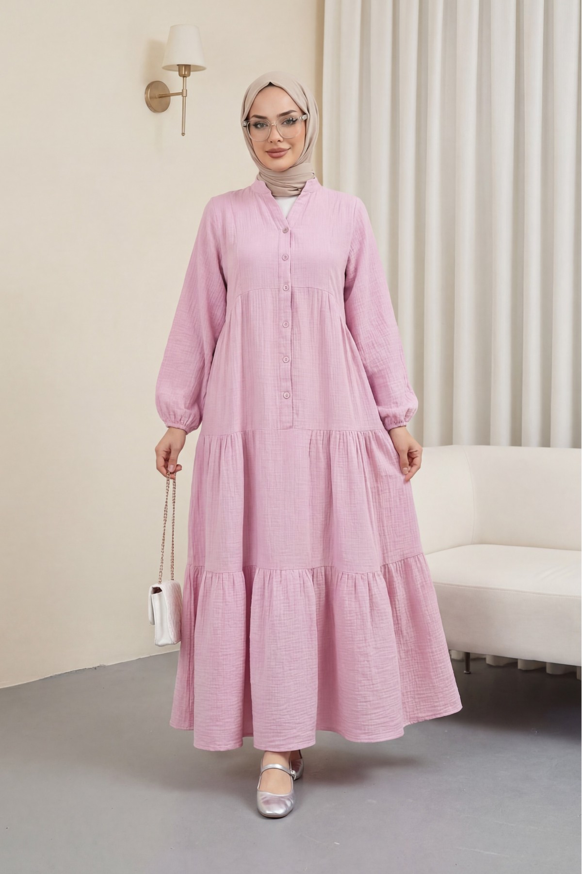 V Yaka Yarım Düğmeli Kolu Lastikli Parçalı Müslin Elbise  -Pembe