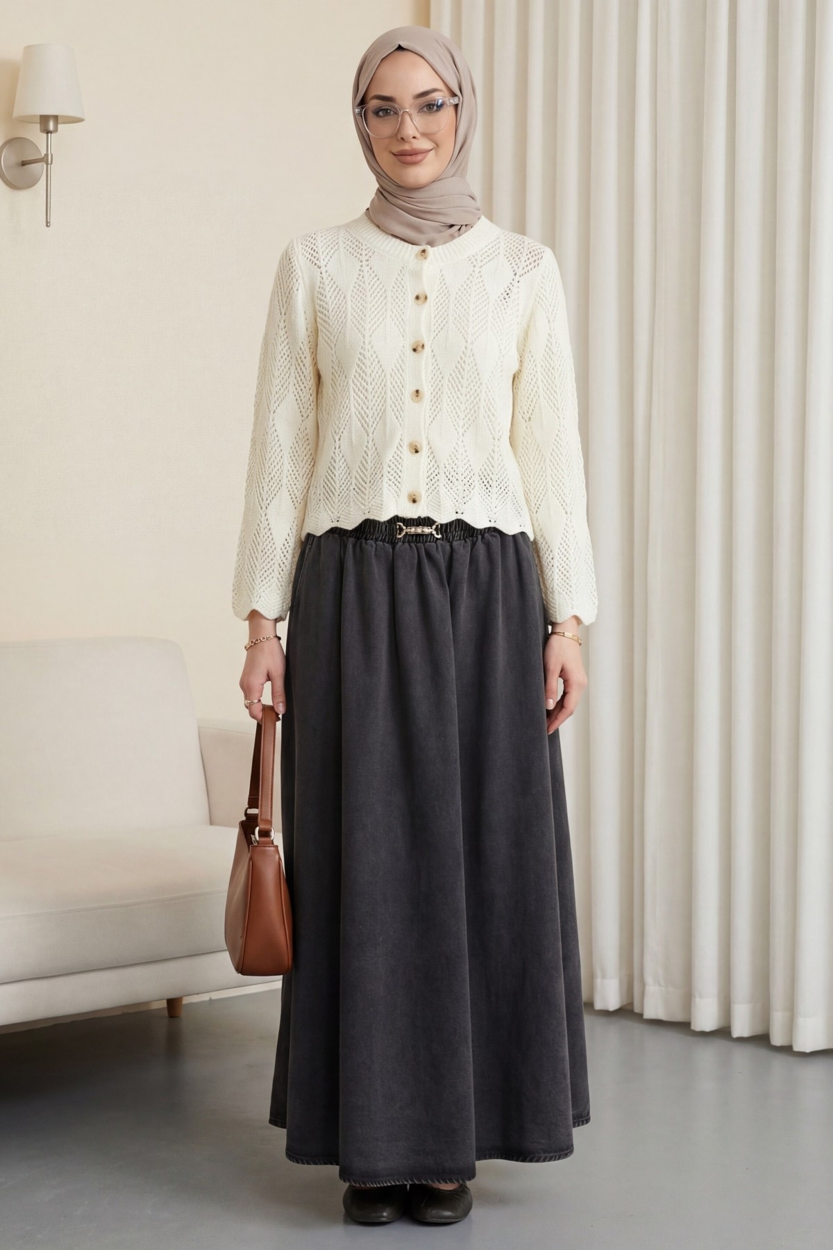 Beli Lastikli Toka Detaylı Kot Etek -Antrasit