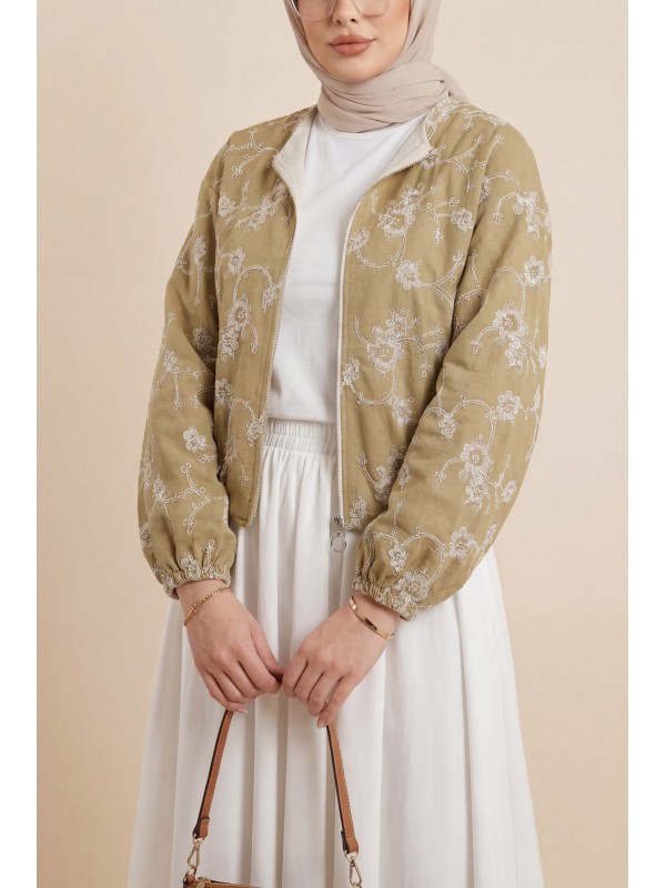 Yuvarlak Yaka Fermuarlı Nakışlı Cepli Keten Ceket -Tarçın