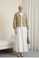 Yuvarlak Yaka Fermuarlı Nakışlı Cepli Keten Ceket -Tarçın
