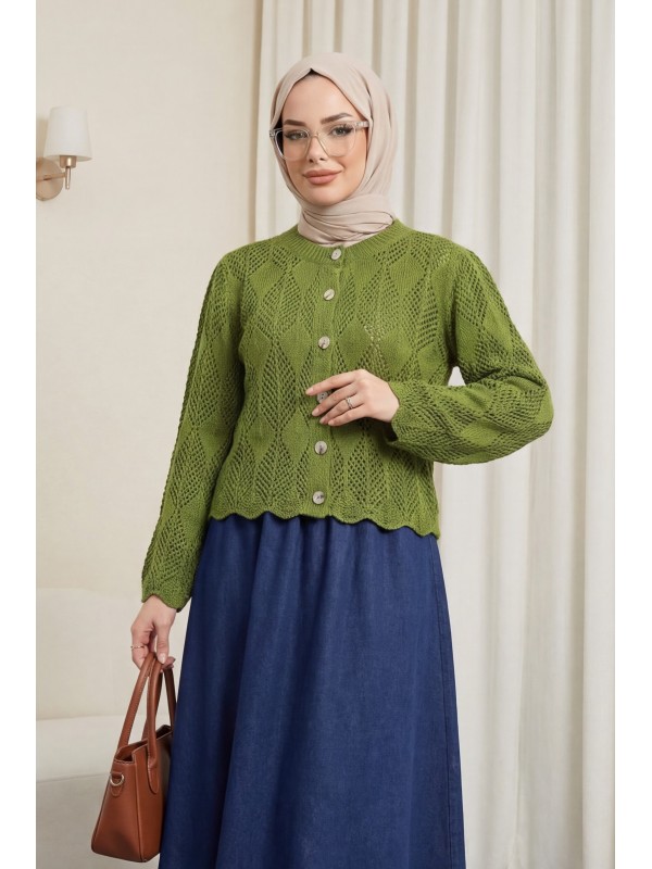 Yaprak Desenli Ajurlu Triko Hırka -F.Yeşili