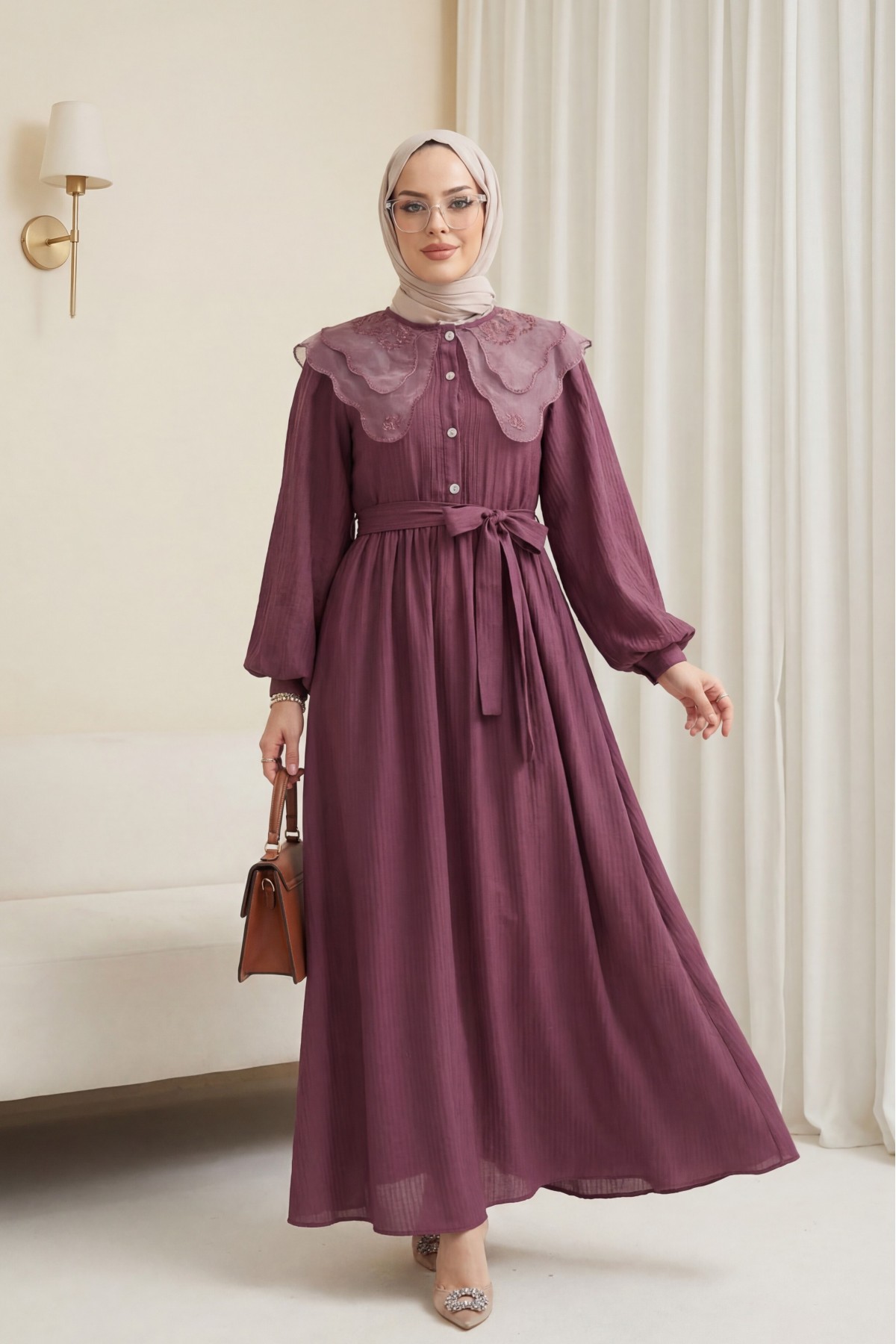 Organze Bebe Yaka Taş Düğmeli Krinkıl Elbise -Vişne