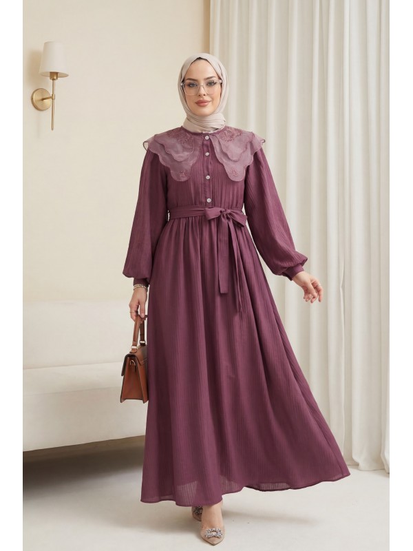 Organze Bebe Yaka Taş Düğmeli Krinkıl Elbise -Vişne