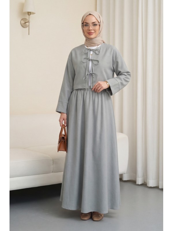 Önü Bağcıklı Beli Lastikli Etekli Keten Takım        -Gri