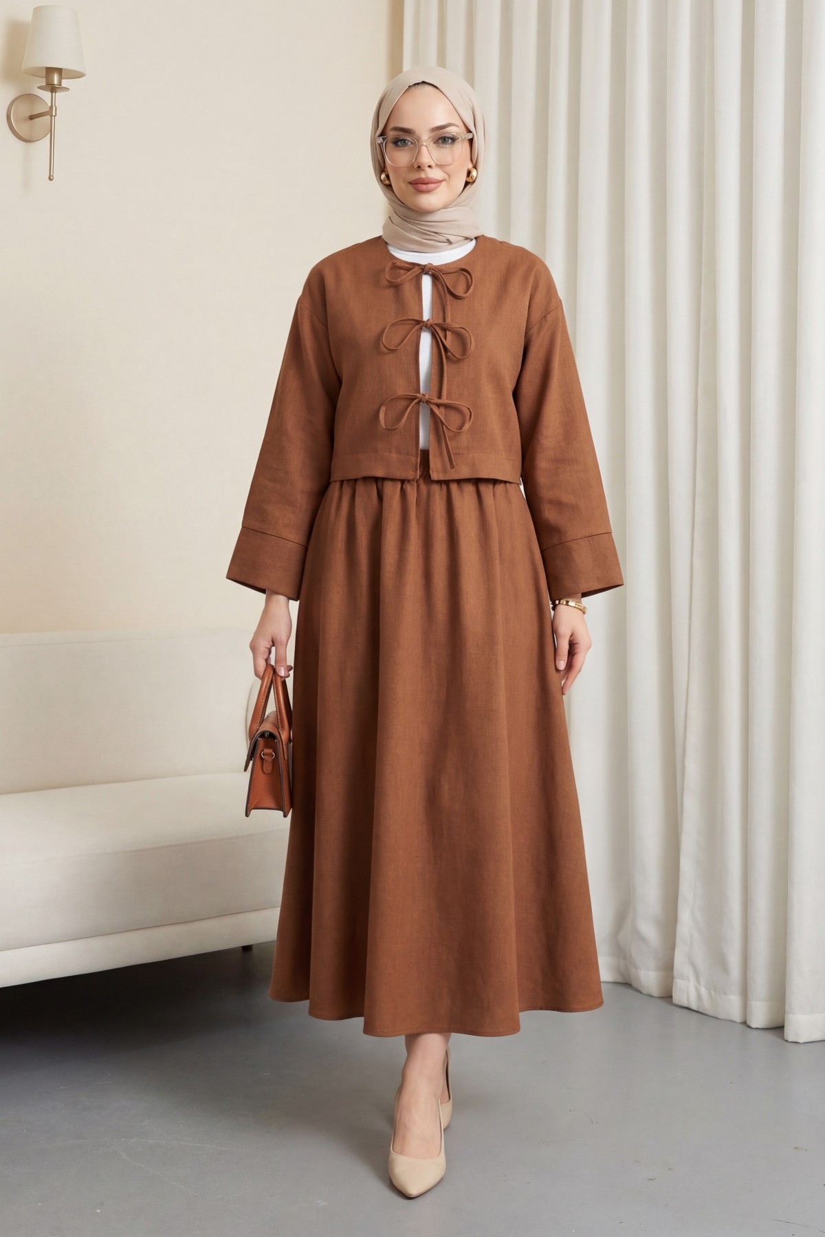 Önü Bağcıklı Beli Lastikli Etekli Keten Takım        -Taba