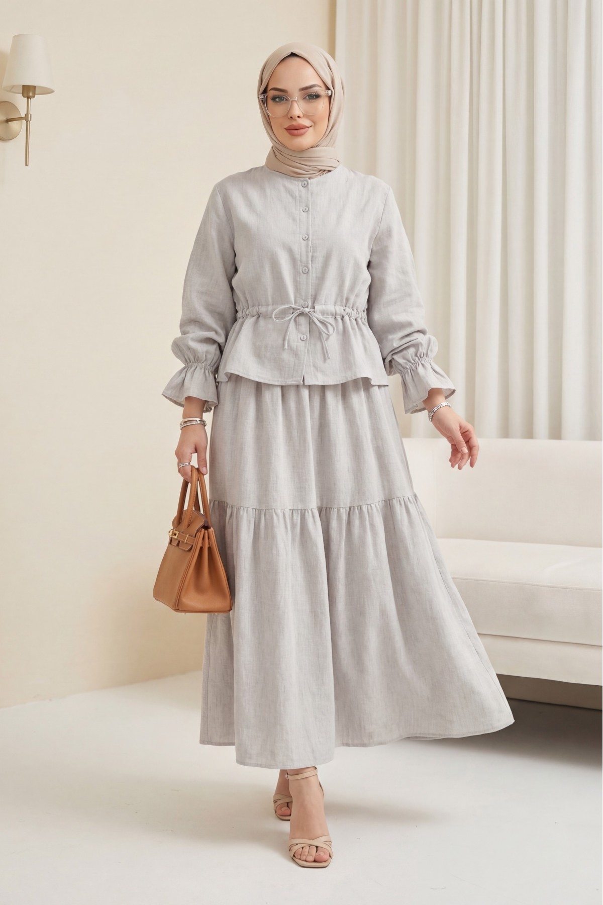 Önü Düğmeli Kolu Lastikli Tünel Bağcıklı Keten Takım   -Açık Gri