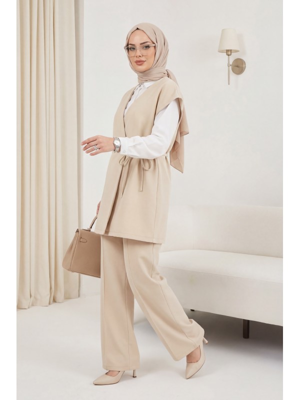 Düğme Detaylı Çift Bağcıklı Yelek Pantolon Double Krep Takım -Bej