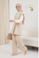 Düğme Detaylı Çift Bağcıklı Yelek Pantolon Double Krep Takım -Bej