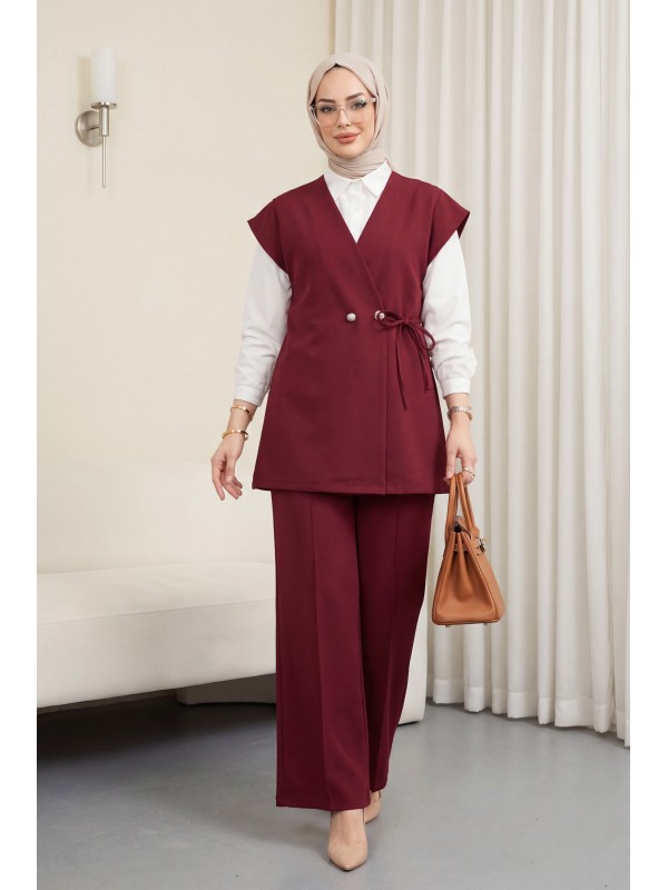 Düğme Detaylı Çift Bağcıklı Yelek Pantolon Double Krep Takım -Bordo