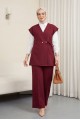 Düğme Detaylı Çift Bağcıklı Yelek Pantolon Double Krep Takım -Bordo
